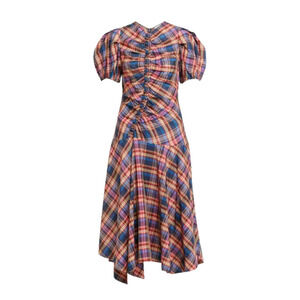 Ulla Johnson Heleen Puff Sleeve Silk Cotton Plaid Asymmetric Midi Dress Size 2